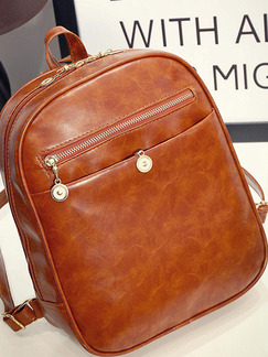 Brown Leather Horizontal Zipper Shoulders Backpack Women Bag