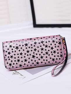 Pink Leather Shining Stars Zipper Long Coin Purse Wallet