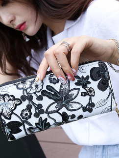 Black and White Leather Embroidery Zipper Long Coin Purse Phone Holder Wallet