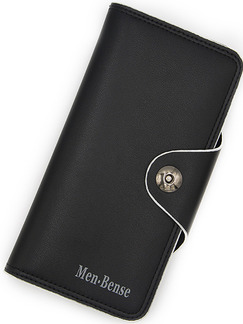 Black Leather Magnetic Button Credit Card Photo Holder Long Men Wallet