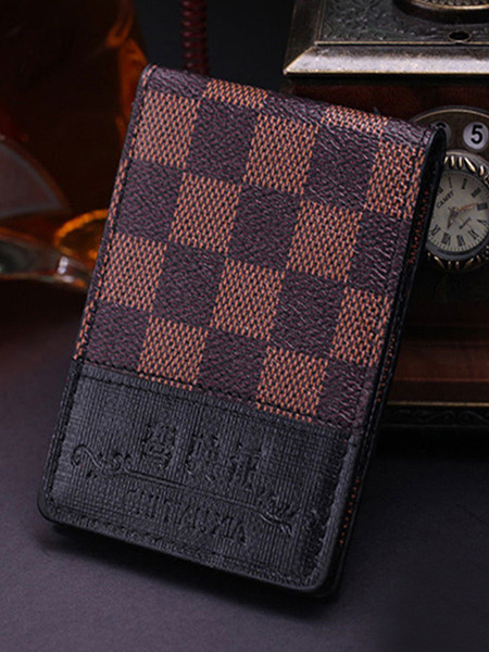 Coffee Leather Grid License Photo Holder Short Card Men Wallet