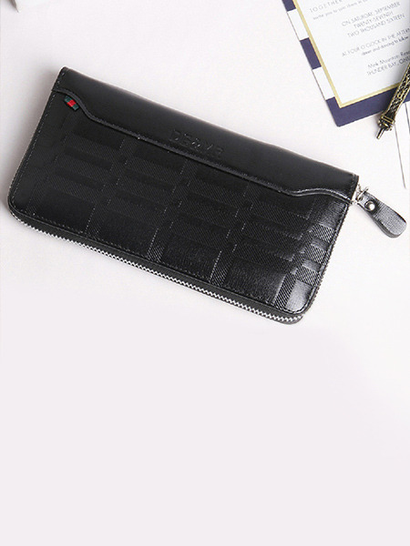 Black Leather Embossing Zipper Long Men Wallet