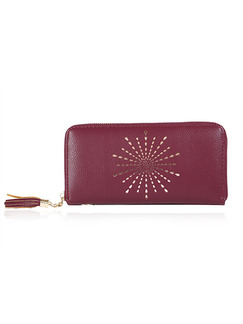 Wine Red Leather Zipper Tassel Long Wallet