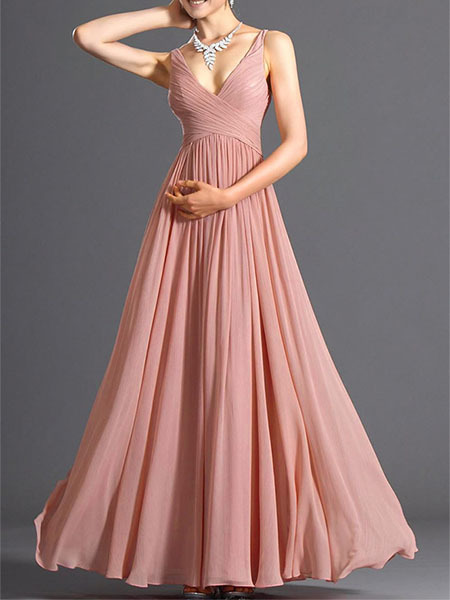 Pink Chiffon Slim V Neck Open Back Full Skirt Dress  for 