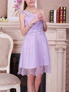 Purple Lace One Shoulder Fit & Flare Dress for Bridesmaid Prom