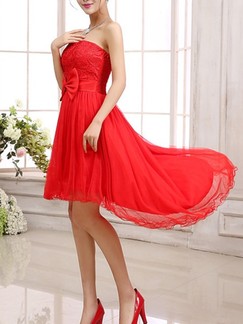 Red Strapless Lace Midi Dress for Bridesmaid Prom