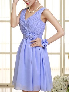 Blue V Neck Fit & Flare Above Knee Dress for Bridesmaid Prom