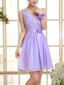 Purple V Neck Fit & Flare Above Knee Dress for Bridesmaid Prom
