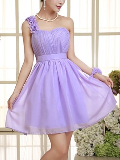 Purple One Shoulder Fit & Flare Above Knee Dress for Bridesmaid Prom