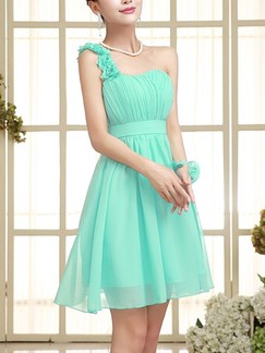 Green One Shoulder Fit & Flare Above Knee Dress for Bridesmaid Prom