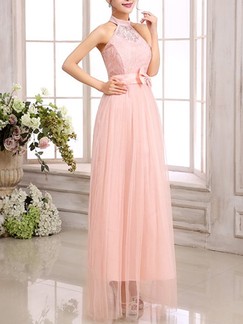 Pink Cute Halter Lace Maxi Dress for Bridesmaid Prom