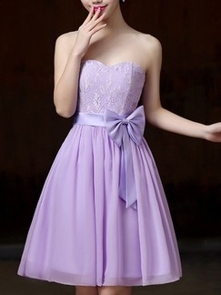 Purple Fit & Flare Lace Strapless Above Knee Dress for Bridesmaid Prom