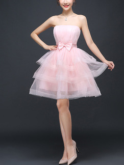 Pink Fit & Flare Above Knee Cute Strapless Dress for Prom Ball Bridesmaid
