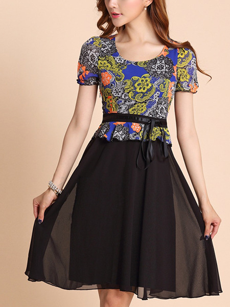 Black and Colorful Fit & Flare Above Knee Plus Size Dress for Casual Party