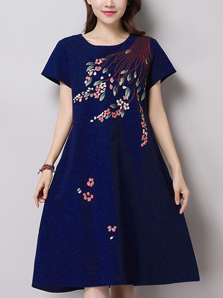 Blue Shift Knee Length Plus Size Dress for Casual