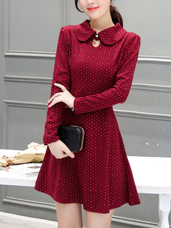 Red Fit & Flare Above Knee Plus Size Shirt Long Sleeve Dress for Casual Office Evening