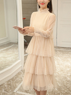 Cream Knee Length Plus Size Lace Long Sleeve Dress for Casual Evening Party