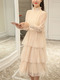 Cream Knee Length Plus Size Lace Long Sleeve Dress for Casual Evening Party
