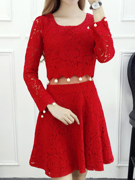 Red Fit & Flare Above Knee Plus Size Lace Long Sleeve Dress for Casual Office Evening