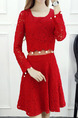 Red Fit & Flare Above Knee Plus Size Lace Long Sleeve Dress for Casual Office Evening
