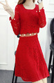 Red Fit & Flare Above Knee Plus Size Lace Long Sleeve Dress for Casual Office Evening