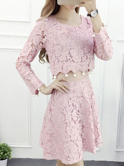 Pink Fit & Flare Above Knee Plus Size Lace Long Sleeve Cute Dress for Casual Evening Office