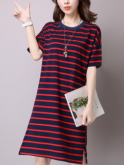 Blue and Red Stripe Shift Knee Length Plus Size Dress for Casual