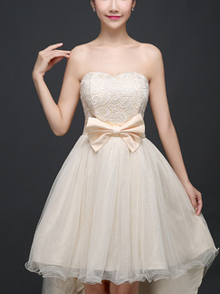 Beige Fit & Flare Midi Strapless Lace Dress for Prom Bridesmaid Ball