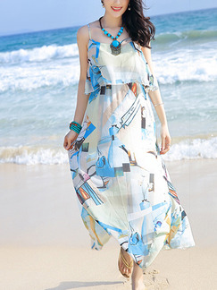 White and Blue Maxi Plus Size Slip Dress for Casual Beach