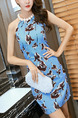 Blue and Brown Sheath Above Knee Halter Dress for Casual Evening Party