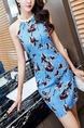 Blue and Brown Sheath Above Knee Halter Dress for Casual Evening Party