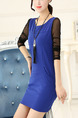 Blue and Black Sheath Plus Size Above Knee Long Sleeve Dress for Casual Office Evening