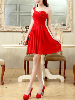 Red Fit & Flare Above Knee One Shoulder Plus Size Dress for Cocktail Prom Ball Bridesmaid
