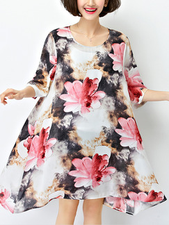 White Pink Colorful Shift Knee Length Floral Dress for Casual Party