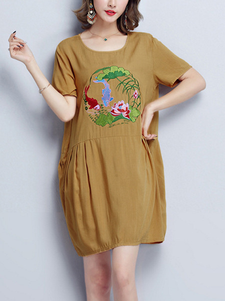 Brown Shift Above Knee Plus Size Dress for Casual Party