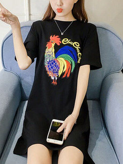 Black Colorful Shift Above Knee Plus Size T-Shirt Dress for Casual