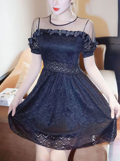 Black Fit & Flare Above Knee Lace Dress for Party Evening Cocktail