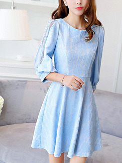 Blue Fit & Flare Above Knee Plus Size Lace Dress for Casual Office Party Evening