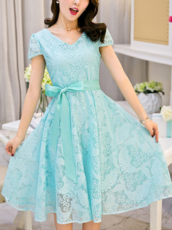 Blue Shift Knee Length Lace Plus Size V Neck Dress for Casual Party Evening