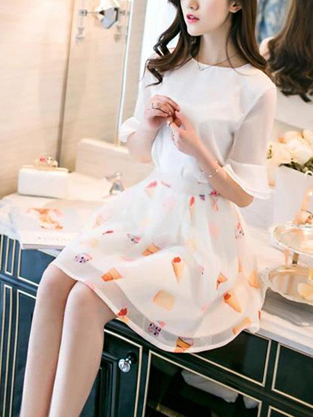 White and Orange Fit & Flare Above Knee Plus Size  Dress for Casual Office Party