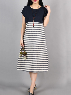 Black and White Stripe Shift Midi Plus Size Dress for Casual Office
