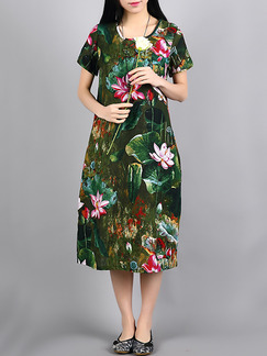 Green Colorful Shift Midi Plus Size Floral Dress for Casual