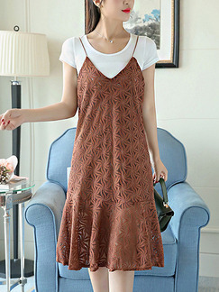 Brown and White Slip Shift Knee Length Plus Size Dress for Casual Office Party