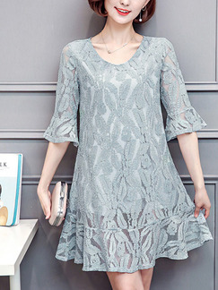 Grey Shift Above Knee Plus Size Lace Dress for Casual Party Evening