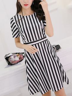 Black and White Stripe Fit & Flare Above Knee Plus Size Dress for Casual Party Office