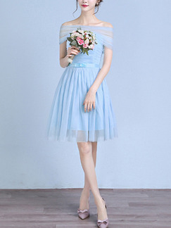 blue off the shoulder cocktail dress