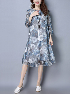 Blue Colorful Shift Knee Length Plus Size Dress for Casual Party