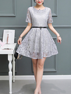 Grey Fit & Flare Above Knee Plus Size Lace Dress for Casual Party Office Evening