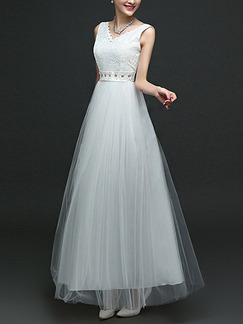 White Maxi V Neck Lace Dress for Bridesmaid Prom