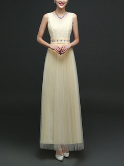 Champagne Maxi V Neck Lace Dress for Bridesmaid Prom